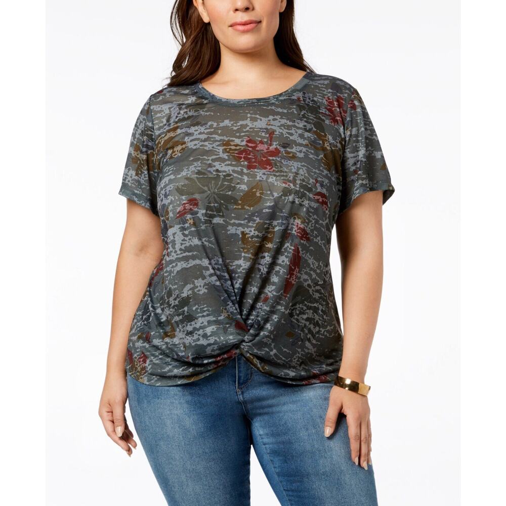 Style & Co Women's Top Printed Twist-Front Pullover Short Sleeve Island Hibiscus